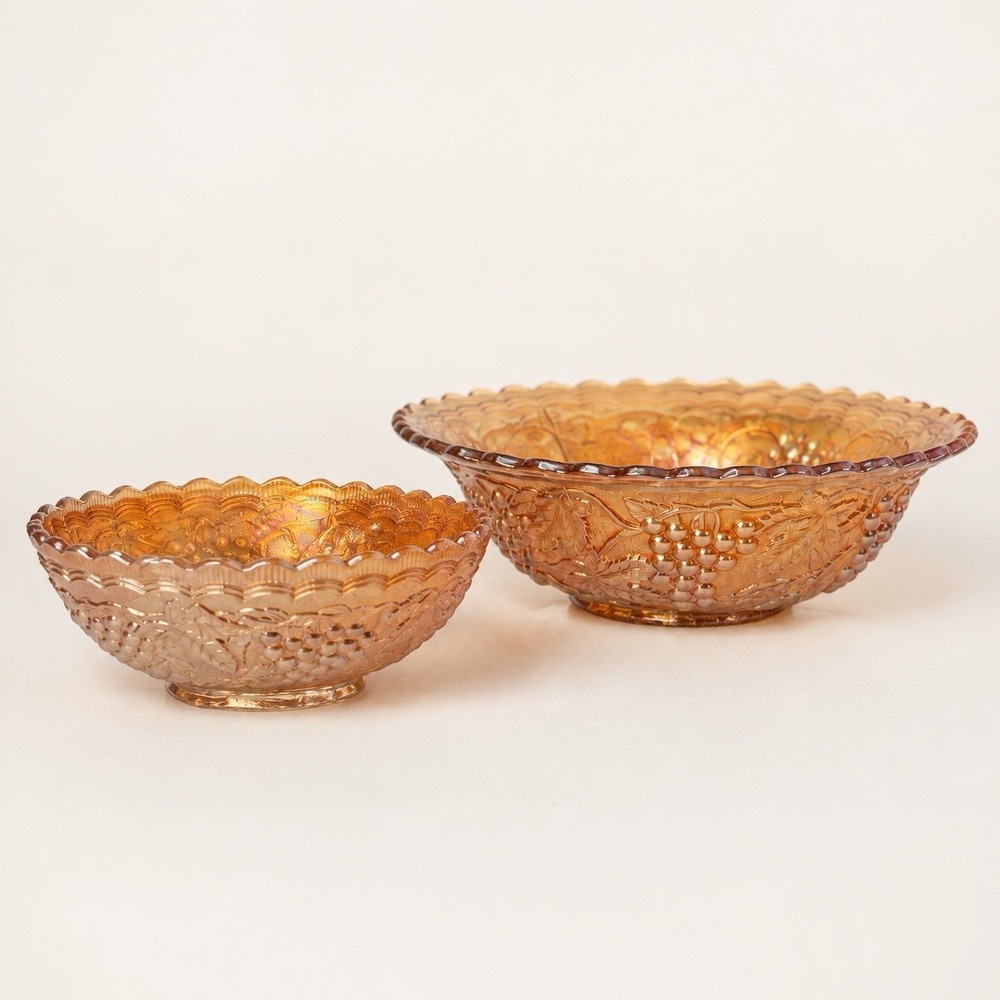 Vintage Indiana Glass Harvest Grape Marigold Carnival Bowls Set of 2 Home Deco